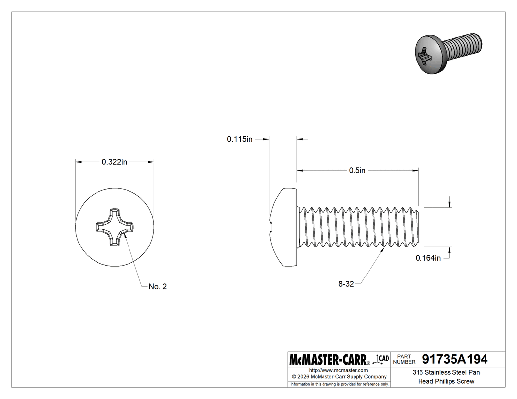 Technical Drawing of 316 Stainless Steel Pan Head Phillips Screw, Super-Corrosion-Resistant, 8-32 Thread Size, 1/2" Long.